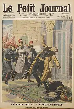 The front page of the Le Petit Journal magazine in February 1913 depicting the assassination of Nazım Pasha during the 1913 Ottoman coup d'état.