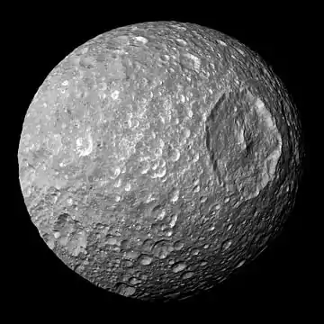 Image 10Mimas (moon)Photo: NASA/JPL/SSISaturn's moon Mimas, as imaged by the Cassini spacecraft. It was discovered on 17 September 1789 by English astronomer William Herschel, and was named after Mimas, a son of Gaia in Greek mythology, by Herschel's son John. The large Herschel Crater is the dominating feature of the moon. With a diameter of 396 km (246 mi), it is the smallest astronomical body that is known to be rounded due to self-gravitation.More selected pictures