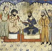 Miniature depicting the Shirvanshah Hushang being shown the Farhad u Shirin by Muhammad ibn Muhammad al-Arif Ardabili. Stored in the Topkapı Palace in Istanbul.