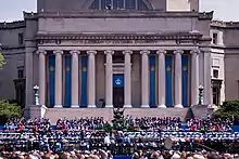 Low Memorial Library draped with King's Crown banners for commencement