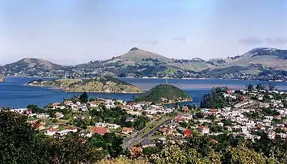 View across Port Chalmers and Otago Harbour to Otago Peninsula.