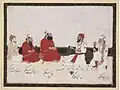 Painting depicting a meeting between Sahib Singh of Patiala State, Jodh Singh of Kalsia State, Lal Singh of Kaithal State, Mehak Singh, and Raja Jaswant Rao Holkar, ca.1850