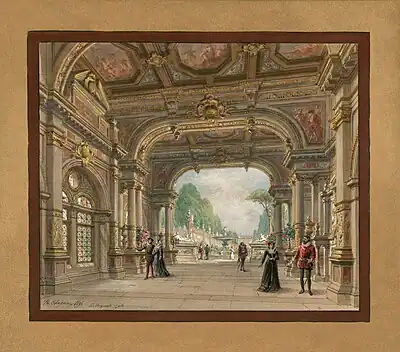 Image 57Set design for Act I of Les Huguenots, by Philippe Chaperon (restored by Adam Cuerden) (from Wikipedia:Featured pictures/Culture, entertainment, and lifestyle/Theatre)