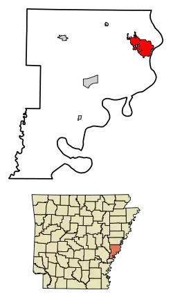 Location of Helena-West Helena in Phillips County, Arkansas.
