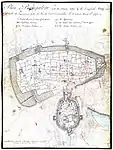 Ink wash of a plan of Bangalore by Robert Home (1752-1834) in 1791. Plan of Bangalore (with the Attacks) taken by the English Army under the Command of the Rt. Honble. Earl Cornwallis KG etc. March 22, 1791. Part of 22 drawings along with a map and three plans completed by Home, whilst accompanying the British army under Cornwallis during the 3rd Mysore War 1791-1792