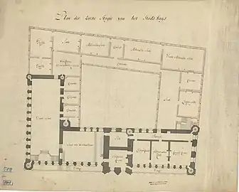 Plan of the first floor, c. 1760: the Gothic L-shape (grey) and the classicist extension (pink)