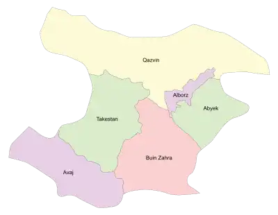 Location of Alborz County in Qazvin province (top, purple)