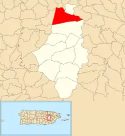 Location of Río Cañas within the municipality of Caguas shown in red
