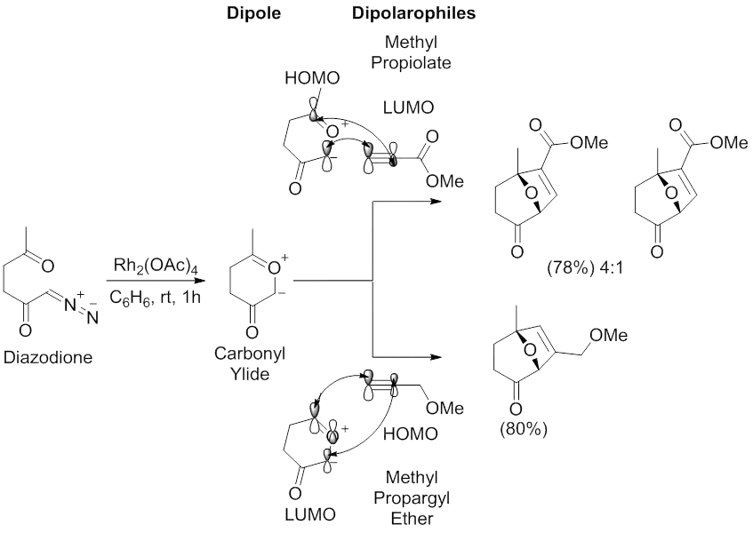 Scheme 11. Regioselectivity and molecular orbital interactions of the 1,3-dipolar cycloaddition reaction between a diazodione and methyl propiolate or methyl propargyl ether. Modified from Padwa, A.; Weingarten, M. D. Chem Rev 1996, 96, 223.