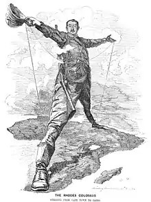 Image 11Cecil Rhodes, as The Rhodes Colossus, wishes for a railway stretching across Africa from the Cape of Good Hope to Egypt. (from Political cartoon)