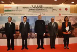 Ryuko Hira with Prime Minister of India H.E. Narendra Modi at the JNTO Robot Pavilion in the Imperial Hotel during his State visit in October 2018