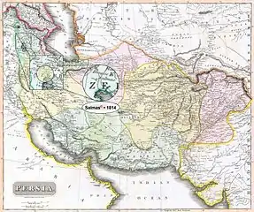 Salmas in 1814 Thomson Map of the "Persian Empire" at the Time of Qajar dynasty • Modified by Hassan Jahangiri