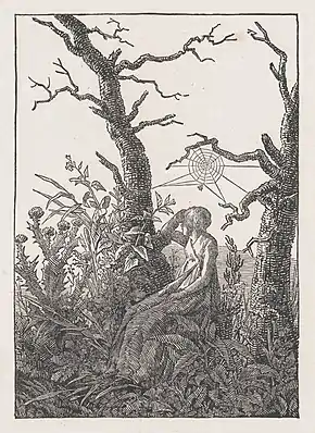 The Woman with the Spider's Web or Melancholy. Woodcut after an 1803 drawing by Caspar David Friedrich
