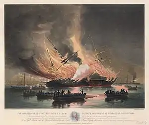 Mends was a witness to the burning of the United States steam frigate USS Missouri at Gibraltar 26 August 1843. His sketch was the basis for a painting by Edward Duncan. This litho from Thomas Goldsworthy Dutton is from that work.