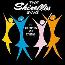 A simple line drawing of colorful women with their hands raised, smiling on a black background