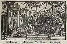 A woodcut of three men outdoors with another man walking towards them.