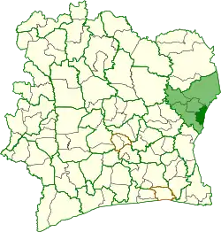 Location in Gonougo Region (brighter green) and Ivory Coast. Transua Department has retained the same boundaries since its creation in 2008.