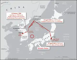 Map of Sea of Japan and Korean Peninsula with positions of USS Pueblo capture, EC-121 shootdown, and Defender Station marked