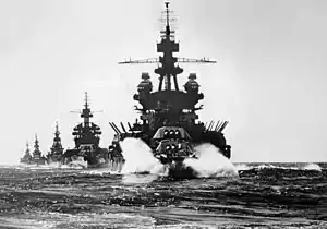 USS Pennsylvania (BB-38) leading USS Colorado (BB-45) and USS Louisville (CA-28) to Lingayen.