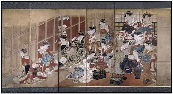 Courtesans of the Tamaya HouseToyoharu, byōbu screen painting, c. 1770s–80s