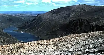 View towards Loch A'an and Beinn Mheadhoin The 'Middle Hill' from Shelter Stone Craig.