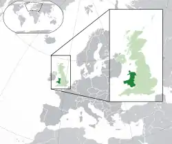 Location of Wales (dark green)– in Europe (green & dark grey)– in the United Kingdom (green)