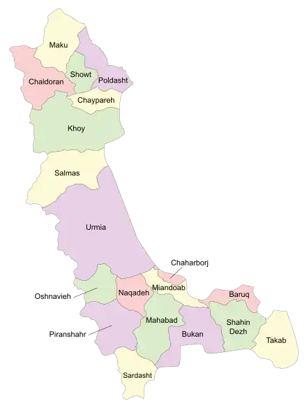 Location of Poldasht County in West Azerbaijan province (top, purple)