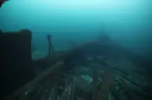 View looking forward of the bow of a shipwreck.