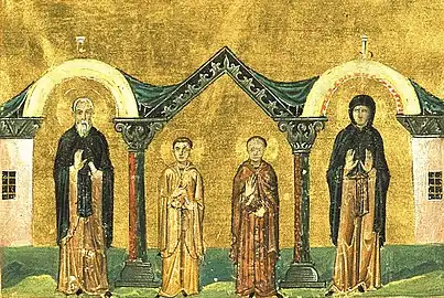 Venerable Xenophon and his wife Mary, and their two sons Sts. Arcadius and John(Menologion of Basil II)
