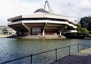 University of York's Octagonal Building,seen from across a lake.