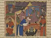 Zal meets king Manuchihr, asking for his mercy. From the "Great Mongol Shahnameh". Tabriz, c. 1330