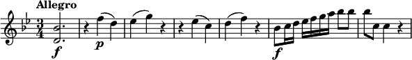 \relative c' {
\tempo "Allegro"
\key bes \major
\time 3/4
<d bes'>2.\f |
r4 f'(\p d) |
es4( g) r |
r4 es( c) |
d4( f) r |
bes,8\f c16 d es f g a bes8 bes |
bes8 c, c4 r |
}