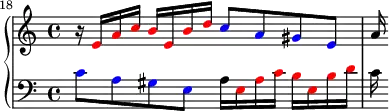 {
\new PianoStaff <<
\new Staff <<
\relative c' {
\clef treble \key a \minor \time 4/4
\set Score.currentBarNumber = #18
\bar ""
r16 \override NoteHead.color = #red e a c b e, b' d
\override NoteHead.color = #blue c8 a gis e \override NoteHead.color = #black
a16
}
>>
\new Staff <<
\relative c' {
\clef bass \key a \minor \time 4/4
\override NoteHead.color = #blue c8 a gis e
\override NoteHead.color = #black a16 \override NoteHead.color = #red e a c b e, b' d
\override NoteHead.color = #black c
}
>>
>> }