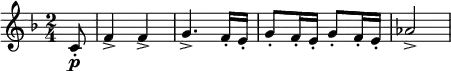\relative c' { \clef treble \time 2/4 \key f \major \partial 8*1 c8-.\p | f4-> f-> | g4.-> f16-. e-. | g8-. f16-. e-. g8-. f16-. e-. | aes2-> }