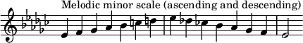 {
\omit Score.TimeSignature \relative c' {
\key es \minor \time 7/4 es^"Melodic minor scale (ascending and descending)" f ges aes bes c d es des! ces! bes aes ges f es2
} }